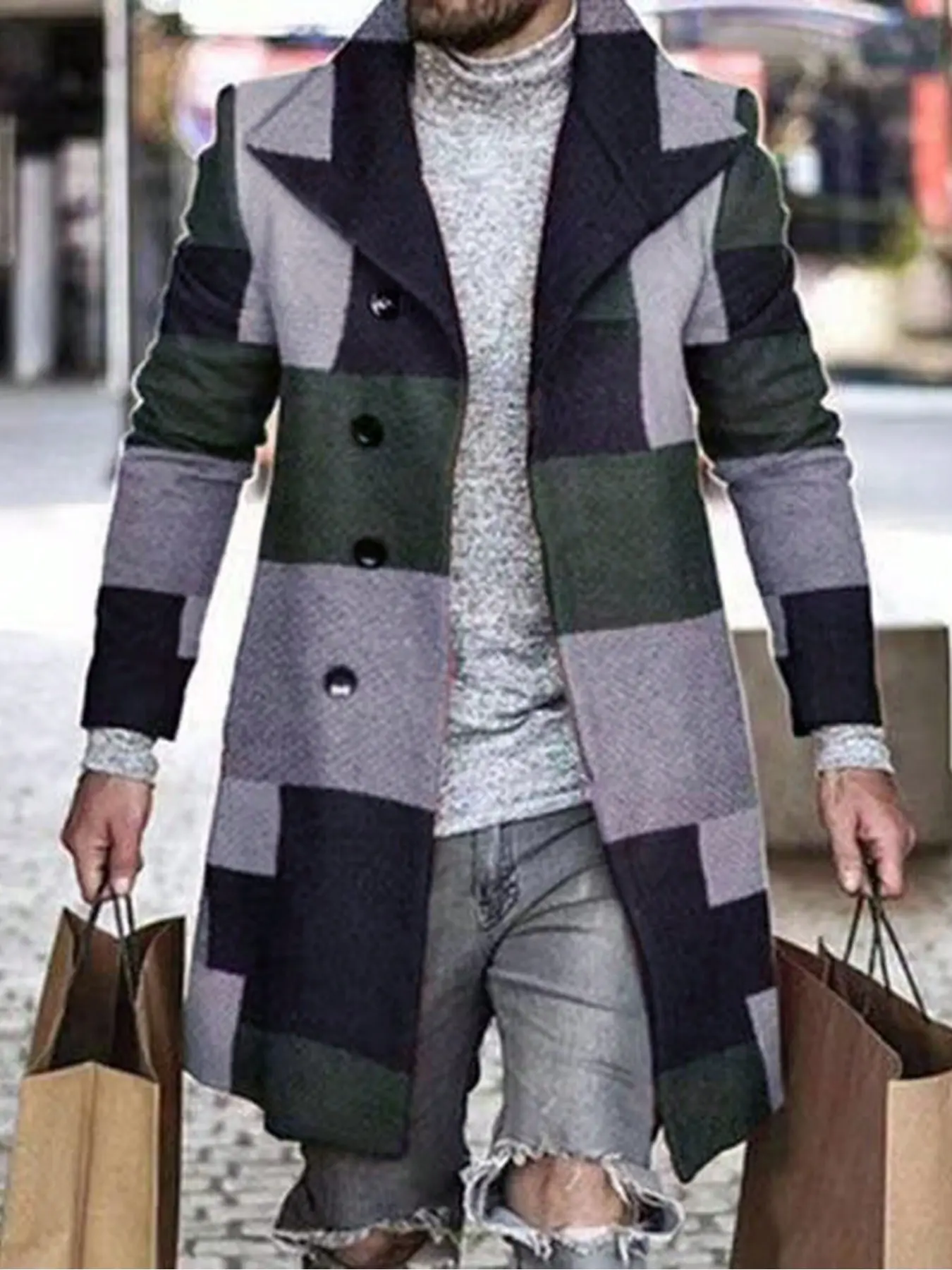 Men's Colorblock Plaid Woolen Fitted Long Sleeve Coat, Colorblock Jacket, Multicolor Outerwear, Comfortable Warmth, Durable Fabric, Perfect for All Seasons, Casual Wear Coat, Outdoor Casual or Gift Choice, Everyday Jackets