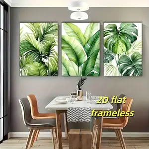 3 tropical green plant leaf art printed posters, modern landscape themed home wall decoration 2D flat printing frameless paintings