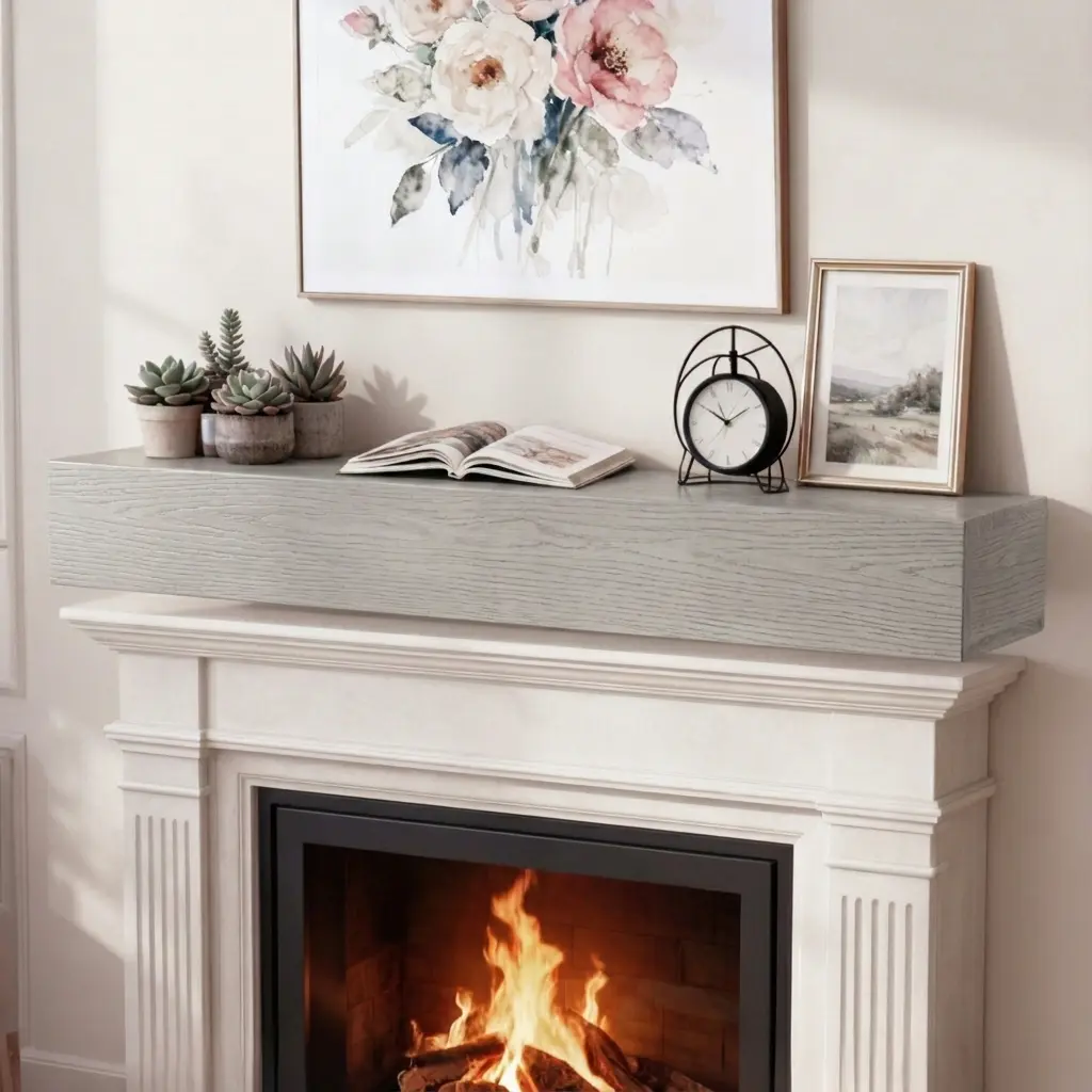 Solid Wood Floating Shelf 60 Inch Wall Mounted Fireplace Mantel for Living Room Home Decor, Gray Finish, 50 lbs Capacity, Farmhouse Style