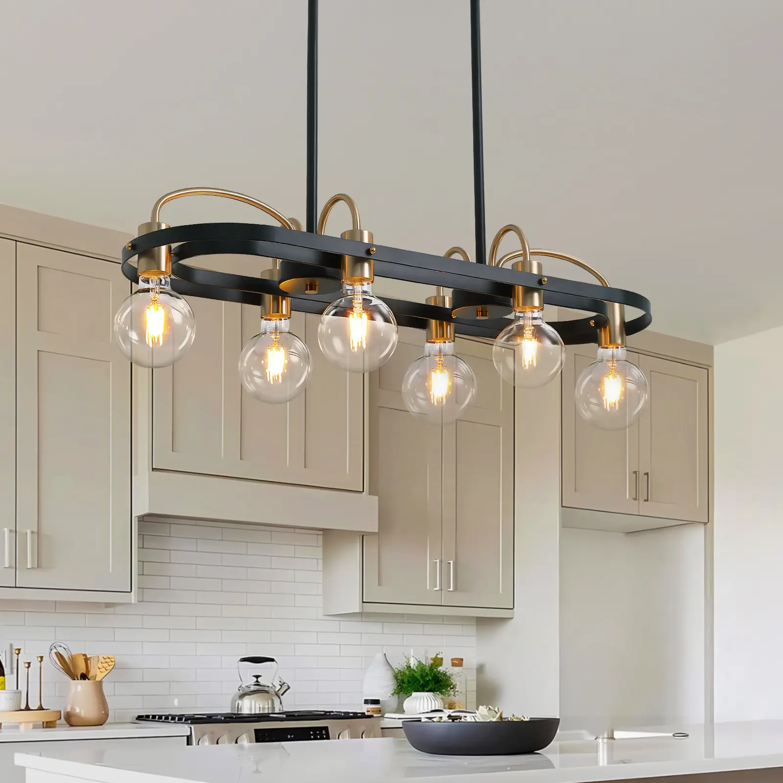 30" Modern Industrial Rectangular Chandelier Light, Black & Gold Linear Pendant Fixture - Indoor Ambient Lighting for Kitchen Island, Dining Room