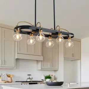 Rectangular Island Chandelier, Black and Gold Linear Chandelier, Pendant Light Fixture for Dining Room -L30 Modern Industrial Ambient Lighting