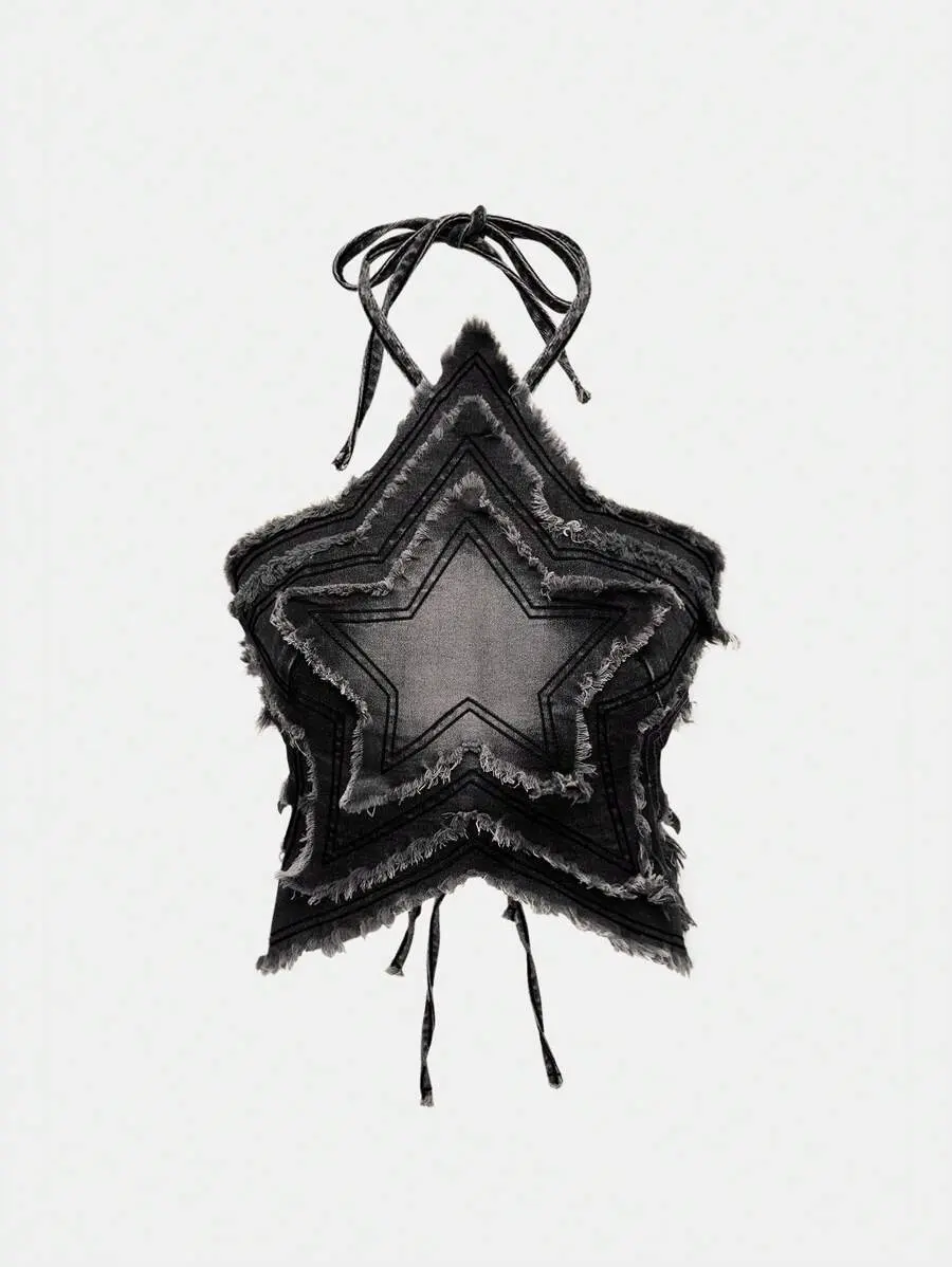 Grunge Punk Spring/Summer Carnival Party Vacation Black Vintage Washed Punk Outdoor Adventure Star Patch Denim Jacket