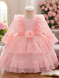 Baby Girl's Contrast Lace Bow Back Fit & Flare Floral Dress Cute Romantic Flower Decor Ruffle Trim Long Sleeve Dress for Party Wedding Guest Newborn Infant Kids Clothes