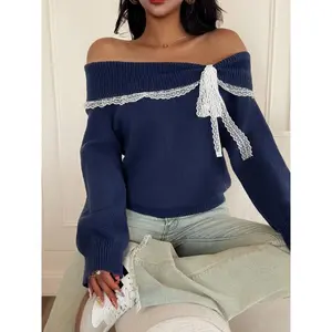 Women's Off Shoulder Lace Bow Sweater - Long Sleeve Cute Knit Fall Winter Outfit