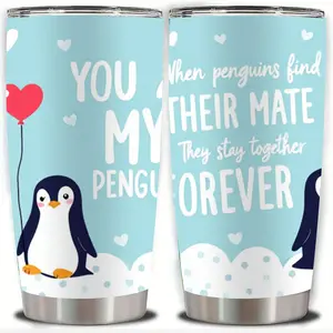 20oz "You Are My Penguin" Cute Cartoon Art Stainless Steel Tumbler, Double Wall Vacuum Insulated Travel Mug with Heart Balloon and Sweet Message Design, Spill Proof Lid and Straw, Perfect Gift for Couples, Ideal for Christmas, Thanksgiving, Valentine's