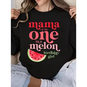 Mama of the One In A Melon Birthday Watermelon Print Long Sleeve Crew Neck Sweatshirt for Women First Birthday Party Outfit Cute Fruit Theme Gift