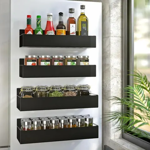 4 Pack Magnetic Spice Rack Organizer with Hooks for Refrigerator and Oven, Black Spice Seasoning Rack Fridge Organizers and Storage for Kitchen