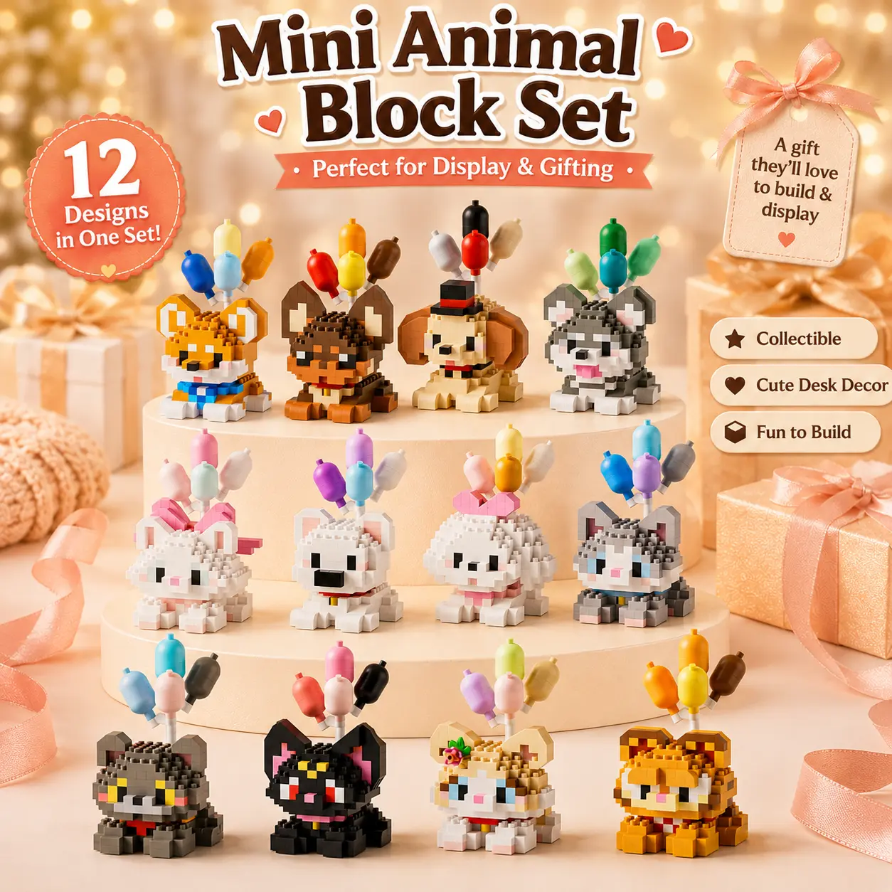 Balloon Pet Mini Brick Set, Cute Cat and Dog Micro Building Blocks, Kids Building Toys, DIY Animal Figures, Creative STEM Educational Toy, Assembly Puzzle Toy, Birthday Party Gift for Boys Girls Teens Adults, Colorful Balloon Pet Gift Idea, Child Toy Gift