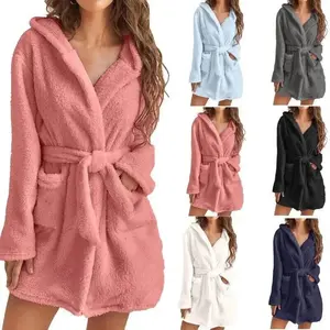 Women’s Winter Fluffy Plush Robe — Sexy Hooded Solid-Color Warm Bathrobe for Home