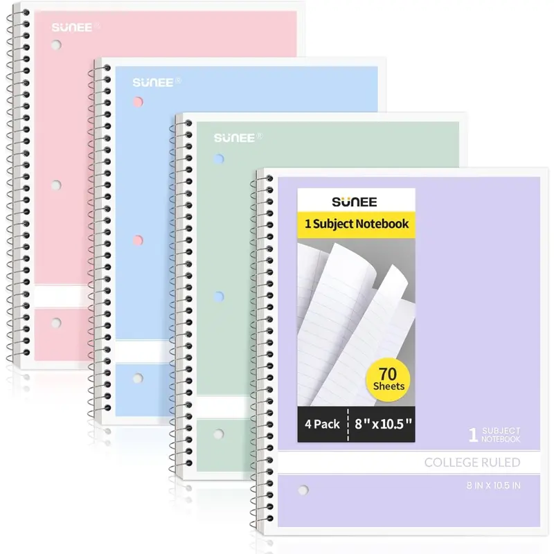 Spiral Notebook, College Ruled, 1-Subject, 4 Pack, 8 x 10.5 in, 70 Sheets, 3-Hole Punched, Pastel Colors (Pink, Purple, Blue, Green), for School, Home & Office, Writing Journal