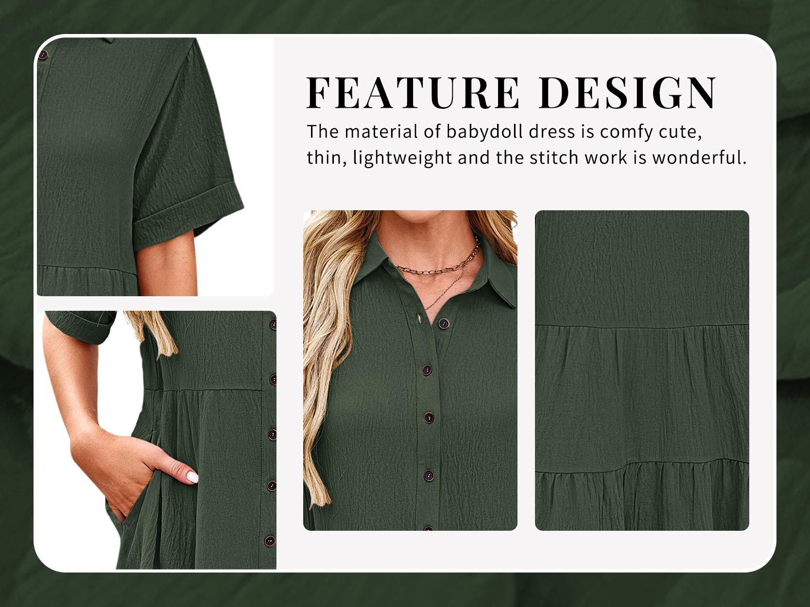 AUSELILY Babydoll Dress for Women Short Sleeve Button Down Textured Non-clingy Loose Fit Flowy Mini Dress with Pockets 2026 New Summer Dress AUSELILY Babydoll Dress for Women Short Sleeve Button Down Textured Non-clingy Loose Fit Flowy Mini Dress with Pockets 2026 New Summer Dress