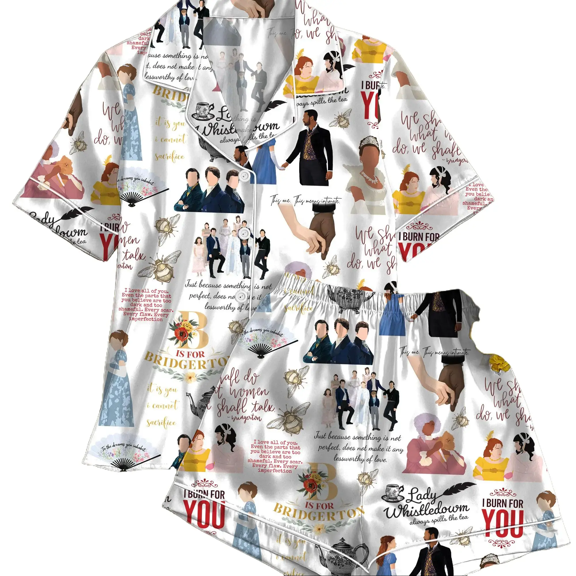Women's 2-Piece Polyester Pajama Set, All-Over Graphic Print, Button-Front Sleepwear & Loungewear, Short & Long Style