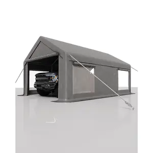 10x20 ft Portable Garage, Car Port with 200 g PE Tarp Cover, with Front & Rear Roll-Up Doors and 4 Windows, for Temporary Paint Booth, Boats&Pickups Shed, and Event Shelter, Gray