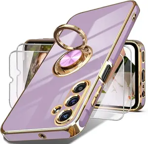 Samsung Galaxy A15 5G Case, Screen Protector, 360° Rotatable Ring Holder Magnetic Kickstand, Plated Gold Edge Slim Soft TPU Protective Phone Cover for Galaxy A15 5G