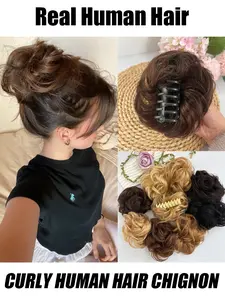Brown Claw Clip Messy Bun Ponytail Messy Human Hair Bun Extensions Natural Black Blonde Wavy Curly Human Hair Chignon Updo Hairpieces for Women Girls