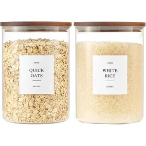 2 Pack Glass Rice Containers with Acacia  , 70oz Airtight Flour and Sugar Jars with 105 Labels, Large Glass Pantry Storage Jars for Cereal, , Cookies, Dry