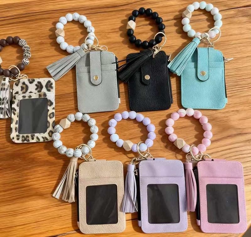 calico  pouches Boho Beaded Bracelet Wallet with Keychain & Tassel, Wristlet Purse for Women, Fashion Silicone Beaded Credit Card Holder Key Ring, Cute Birthday Gift for Women & Girls handbag  keychain small  trinkets trendy all-match birthday gift adult