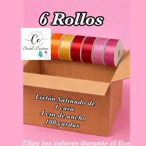 Caja de 6 rollos de Listón Satinado 100 yardas- 1 cara - 4 cm de ancho