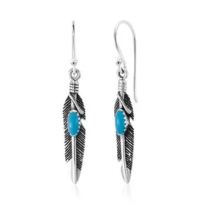 925 Sterling Silver Feather Oval Blue Turquoise Earrings, Blue Oval Turquoise Earrings, Turquoise Feather Earrings, Oxidize Feather Earring, Oxidize Jewelry, Fish Hook Earrings, Dangle Earrings, Hypoallergenic Feather Earrings