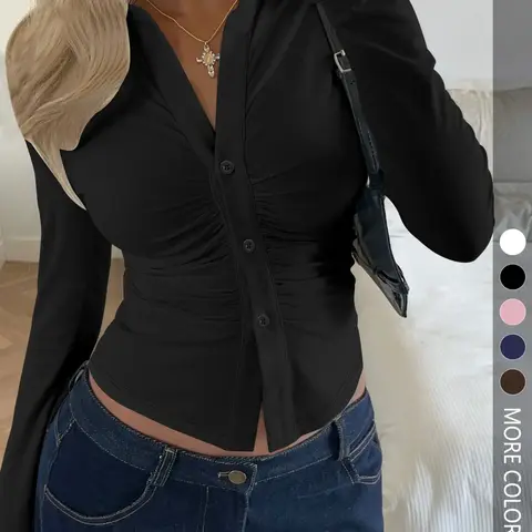 Women's Casual Long Sleeve Blouse Shirt, Button Up Basic, Womenswear, Comfortable Daily Wear, Fashion Versatile Top, Perfect for Everyday Use, Stylish and Comfy, Slim-Fitting, Piece