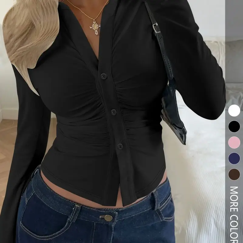 Women's Casual Long Sleeve Blouse Shirt, Button Up Basic, Womenswear, Comfortable Daily Wear, Fashion Versatile Top, Perfect for Everyday Use, Stylish and Comfy, Slim-Fitting, Piece