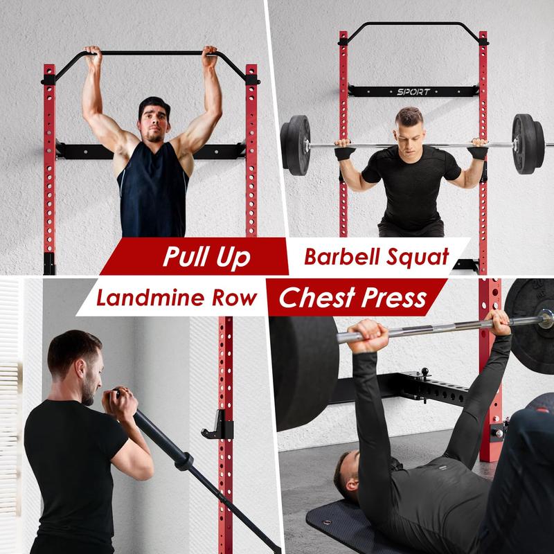 GARVEE Folding Squat Rack with 1000LBS Capacity, Wall Mounted Design, Includes Pull Up Bar, J Hook, and Landmine Attachment for Versatile Home Gym Workouts and Space-Saving Solutions.