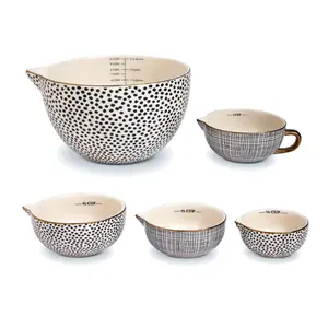 5-Piece Ceramic Mixing and Measuring Bowl Set with Dot Pattern Kitchen Sturdy