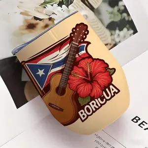 1 Puerto Rico Flag Insulated Cup - Traditional Puerto Rican Design, Double-Wall Vacuum Stainless Steel Travel Mug with Guitar and Hibiscus Pattern, Leak-Proof Coffee Pot, Suitable for Gym, Office - Beige/Red/Blue - Ideal Gift for Puerto Rican Culture Enth