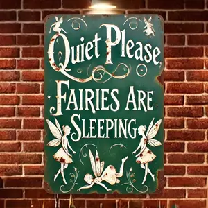 2D Flat, Vintage Fairy Sleeping Metal Wall Sign - "Quiet Please Fairies Sleeping" - Whimsical Green & White Iron Decor with Fairy Silhouettes - Rustic Fairy Bedroom Decoration for Home, Office, Cafe, Halloween/Christmas - Easy Hang Pre-Dril