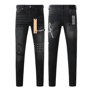 2025 Men's Retro Pure Black Men Jeans  Cross Paint Hole Trend Low Rise Skinny Denim Pants Pleated Ripped Frayed Trousers 3015 Trendy