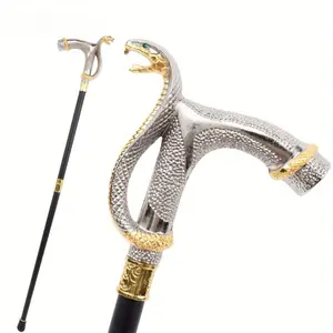 White and Golden Cobra Head Fashion Cane, Decorative Cane, Role-playing Retro Fashion Cane Scepter 36.61 Inches, Retro Walking Aid, Cool Aesthetics, Steampunk Style, Premium Cane, Stick, Fashion-forward User.