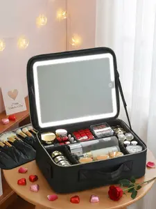 Valentine's Day Portable Makeup Storage Bag with LED Light, Large Capacity Cosmetic Organizer, Travel Mirror, Summer Gift, Christmas Present