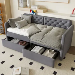 Twin Size Upholstered Daybed with 2 Storage Drawers and USB Charging Design, Velvet Upholstered Twin Daybed Frame, Twin Sofa Bed for Living Room Bedroom, No Box Spring Needed, Plush Velvet Fabric