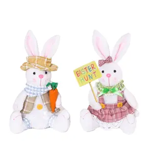Adorable Easter bunny plush decoration set, two sets, soft plush bunnies with matching outfits, Easter treasure hunt signs and carrots, suitable for spring home decor, Easter basket filler, party favors and gifts