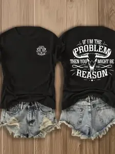 Women's Vintage Western-style T-shirt, Unisex Relaxed Fit, Featuring Bold Cow Skull & Slogan Print, Comfortable Casual Top Ideal for Rodeos & Street Style Outfits