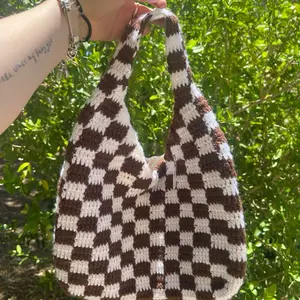Crochet Checkered Tote Bag - Brown and White Checker Patterned Handbag
