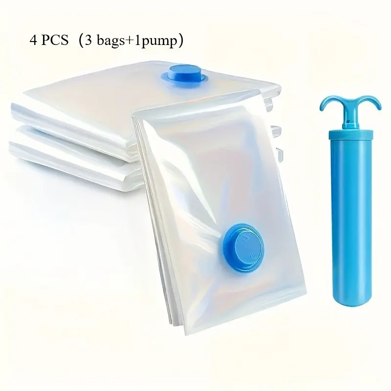 4-Piece Vacuum Storage Compression Set, 3 Large Bags + 1 Manual Pump, Space-Saving, Airtight, Dust-Proof, Ideal for Clothes and Bedding, Dorm, Closet, Moving