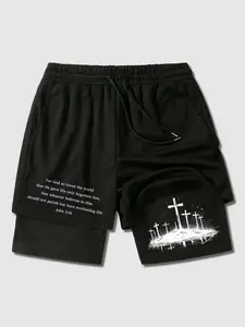 Men's John 3:16 Christian 2-in-1 Gym Shorts - Calvary Cross Print Black Athletic Shorts, Quick-Dry Compression Liner, Breathable Faith Streetwear
