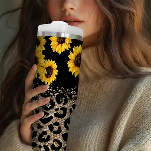 Sunflower & Leopard Print Vacuum Flask, 1 Count Portable Stainless Steel Water Bottle with Straw & Lid, Drinking Cup for Home Office School Outdoor Travel, Stainless Steel Tumbler, Drinkware