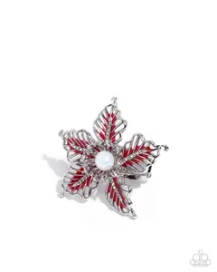 FLORAL Family Red Ring with Silver Petals Vibrant Red Detail Glittery White Rhinestones Dreamy White Opalescent Center Stretchy Band Festive Floral Motif