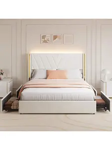 【Christmas Gift】BeigeDouble bed Upholstered Led Bed Frame with 4 Storage Drawers, Queen Size, Velvet Platform Bed Frame with Wingback Headboard, No Box Spring Needed, Noise