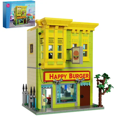 Happy Burgers of Bob Building Blocks Set (1018 pcs) – Fun DIY Food Shop Toy Kit with Vintage Details, Ideal Halloween Gift for Kids, Teens, Foodie Fans & Collectors
