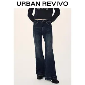 URBAN REVIVO Women's Flare Leg Denim Pants - Breathable Fabric, Waxed & Starched, Cold Wash Jeans, Casual Streetwear Bottoms, UYB850007