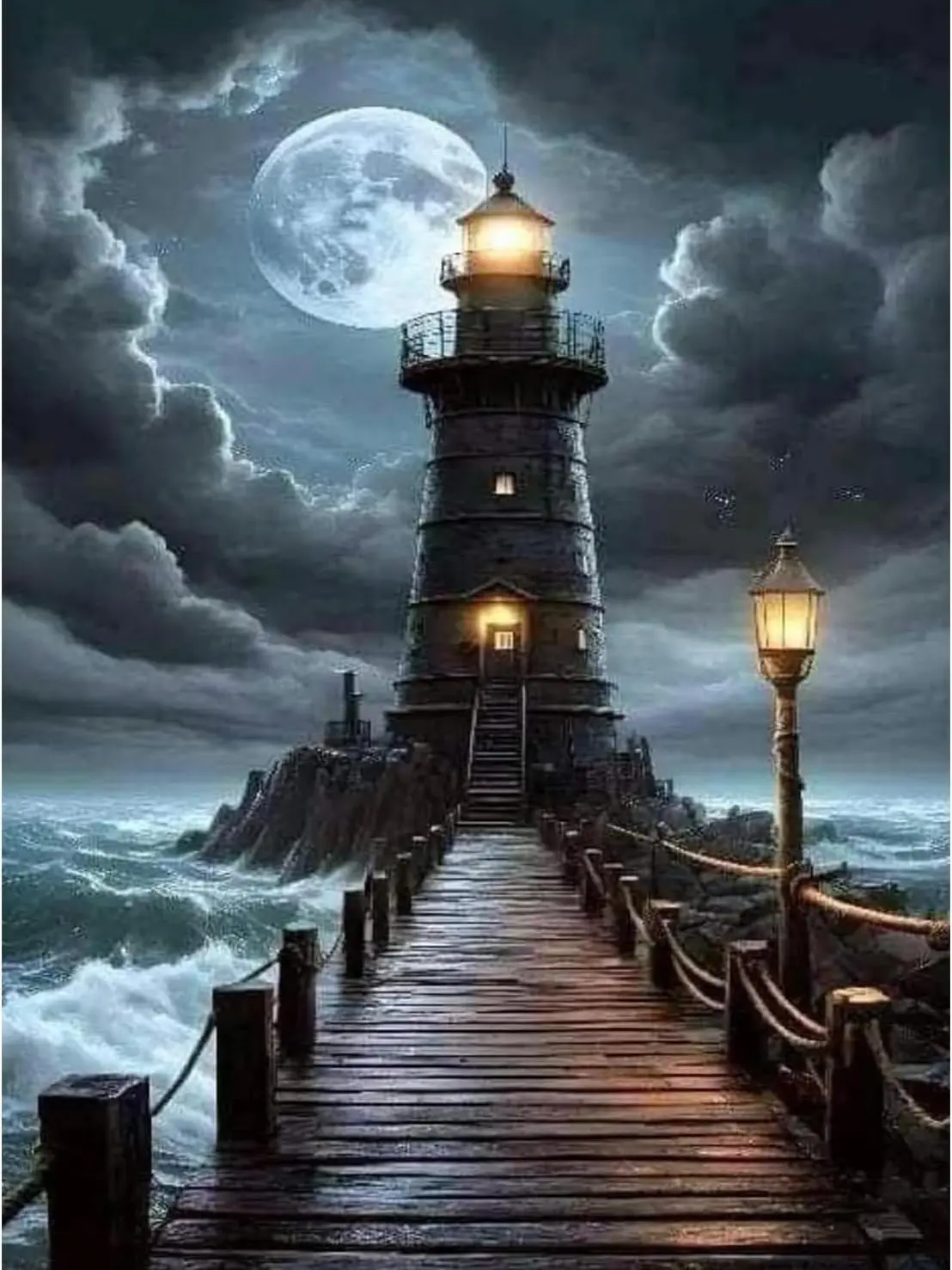 5D Full Drill Diamond Painting, Moody Night Lighthouse On Rocky Shore Under Full Moon Rough Ocean Waves Wooden Pier Coastal Gothic Landscape Wall Decor