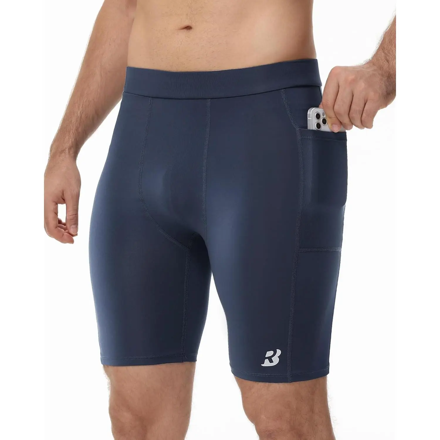 Male Slim-Fitting Synthetics 8" Compression Shorts - Spandex Running Shorts with Pockets for Gym Athletic Performance