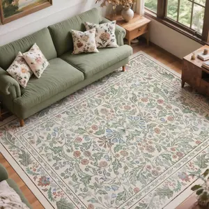 Floral 8x10 Area Rugs for Living Room, Machine Washable  Rug Boho Low Pile Carpets Non Slip Soft Carpet for Farmhouse Bedroom Office Rugs,  Room,  Room, Playroom, Beige