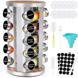 Spice Rack Organizer with Jars for Cabinet (20Pcs) Revolving/Rotating Seasoning Organizer, Stainless Steel/Wooden Countertop Rack Tower Organizer for Kitchen Pantry with Reusable Labels/Funnel/Brushes
