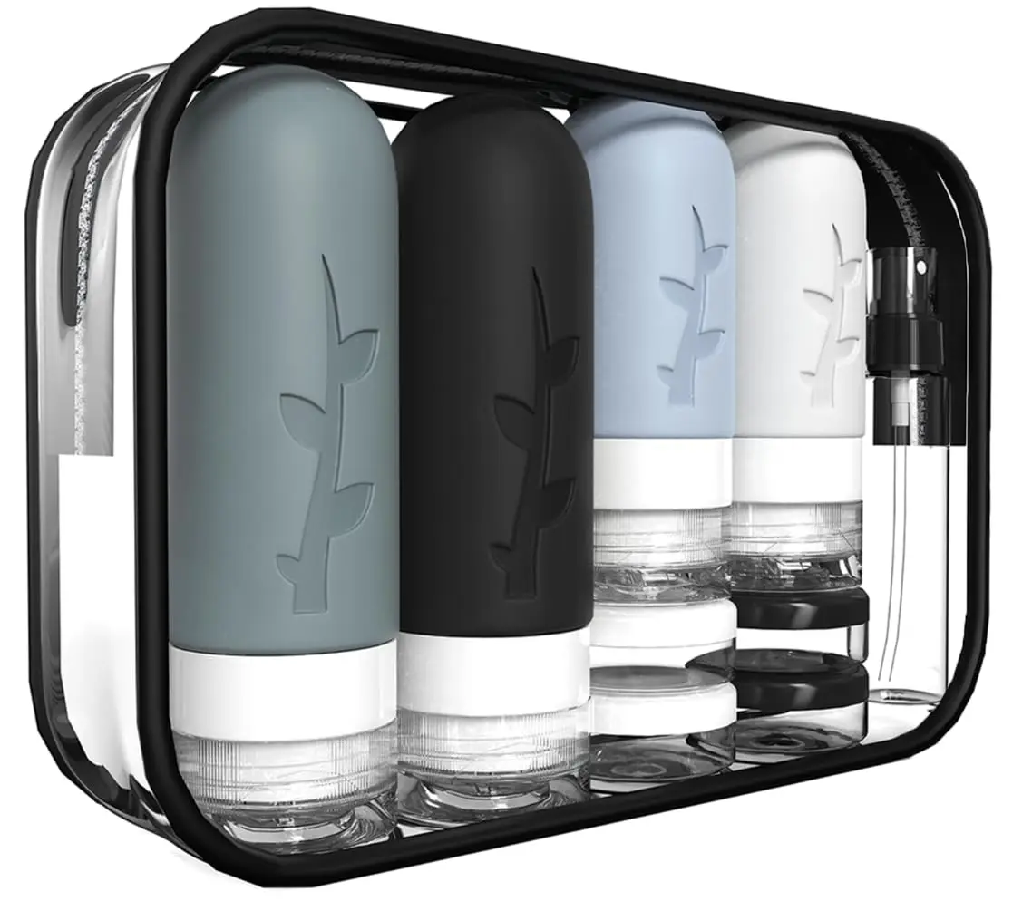 18-Pack BPA-Safe Modern TSA-Approved Refillable Silicone Travel Toiletry Bottles Kit - Home Organizer Set with Toiletry Bag, Brush, 2 Spray Bottles, Lid-Sealed Jars & Accessories for Lotion, Cream, Beauty Products
