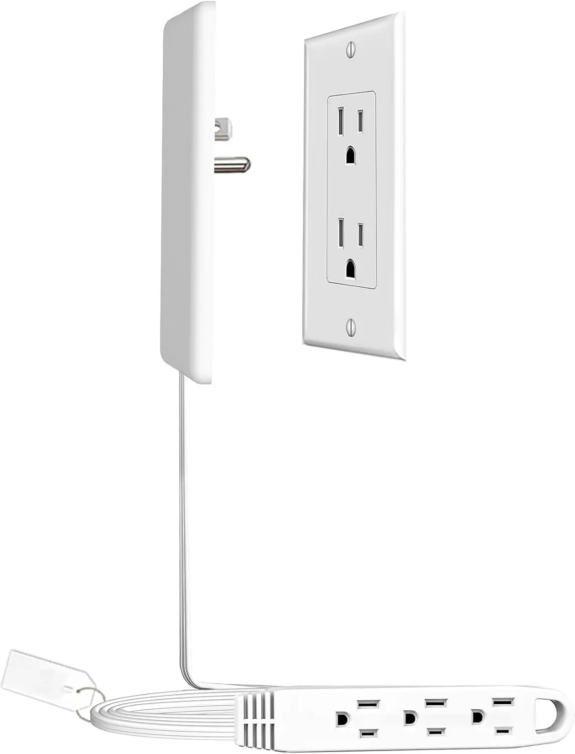 3FT Ultra Flat Plug Extension Cord Power Strip with 3 Outlets, Patented Detachable Ultra-Thin Outlet Cover Concealer & Ultra-Flat Plug, Max. 13A 125V 1625W ETL Listed, White Color