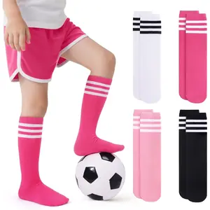 KF5-SK37 4 Pairs Kids Soccer Socks Toddler Boys Girls Athletic Youth Baseball Socks Knee High Seamless Toe